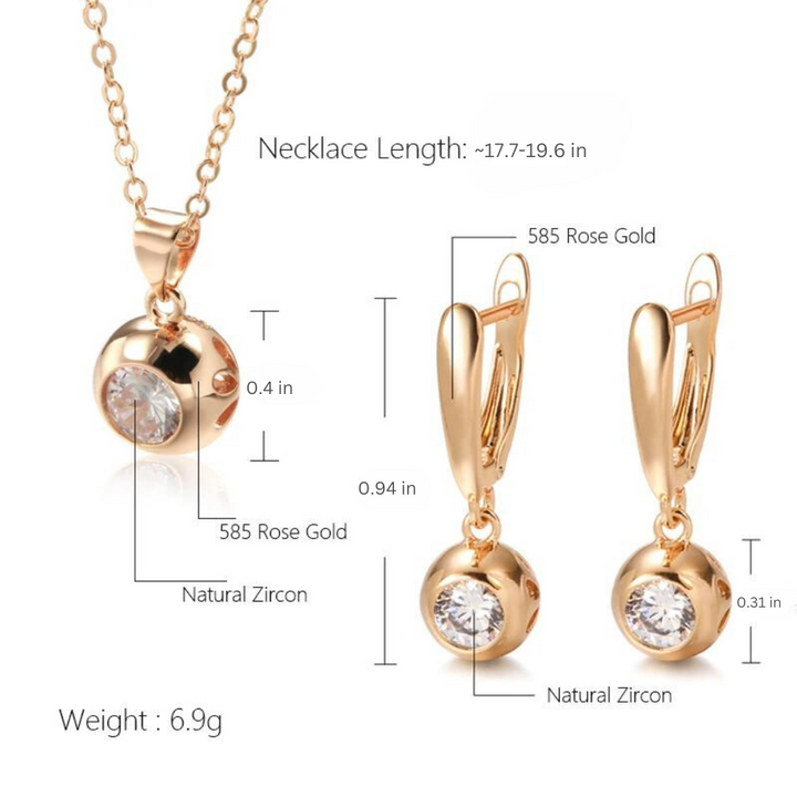 Sparkling rose gold plated zircon orb jewelry set for women, including earrings & necklace.