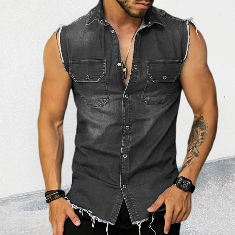 Close-up of men's sleeveless vest with button-front, utility pockets & raw edge. Vintage finish for rugged streetwear.