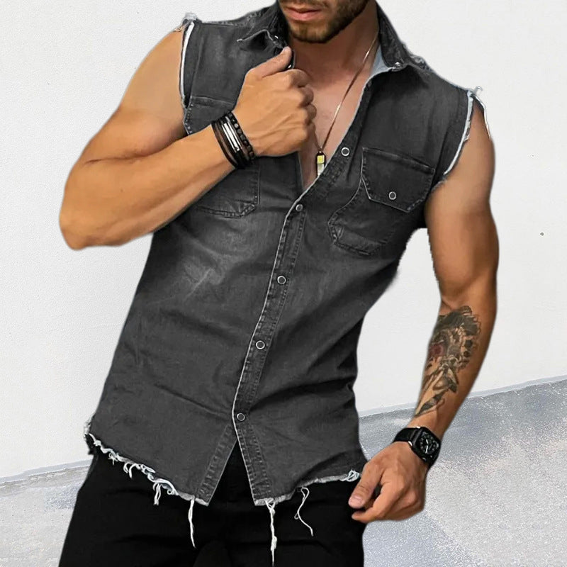 Stylish men's sleeveless button-front vest in vintage wash. Rugged layering piece for summer fashion & streetwear.