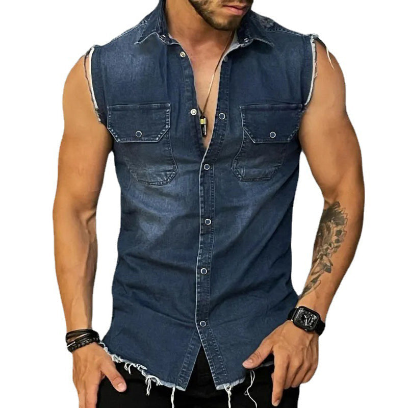 Man wearing a rugged vintage-finish sleeveless vest with button front. Ideal for men's casual summer fashion & streetwear.