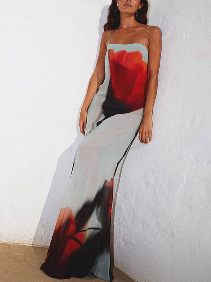 Comfortable women's sleeveless flowy abstract print maxi sundress, perfect for warm weather summer days.