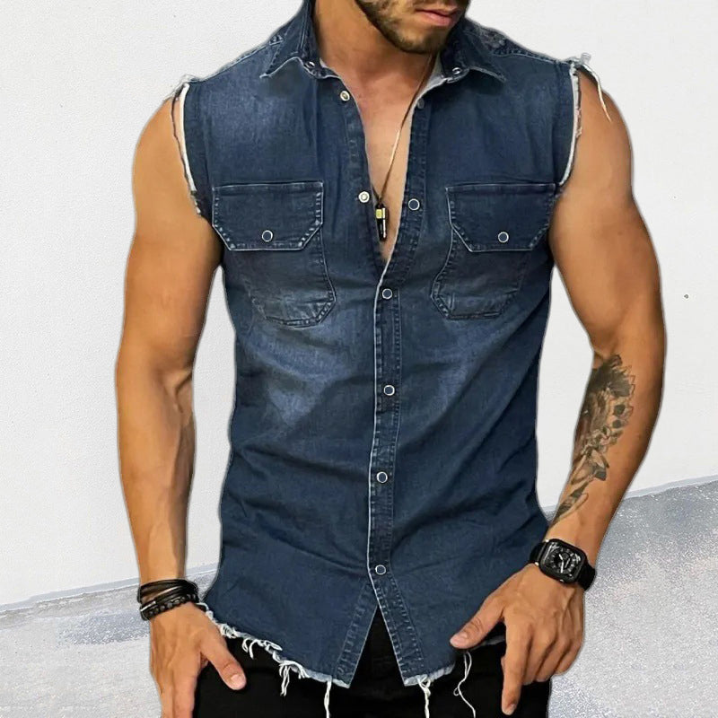 Men's vintage button-front sleeveless vest with raw edge details. Rugged streetwear look for summer style & layering.