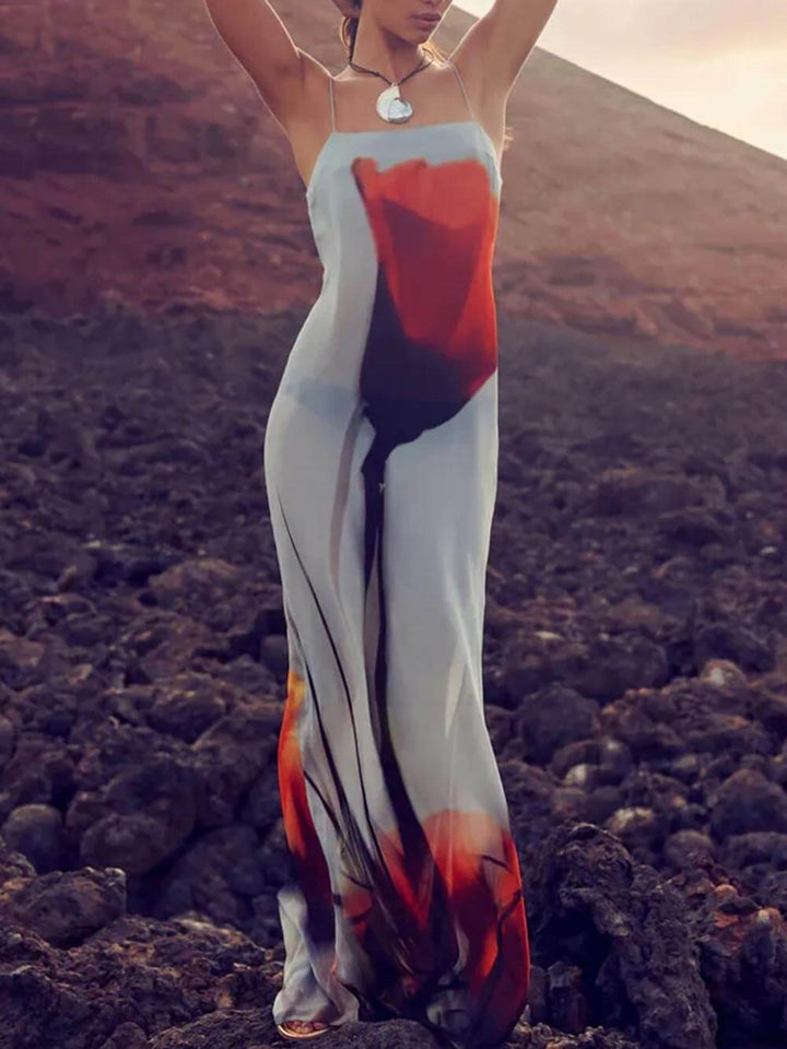 Casual women's blue abstract print maxi sundress, a flowy sleeveless dress great for summer, beach, or vacation.