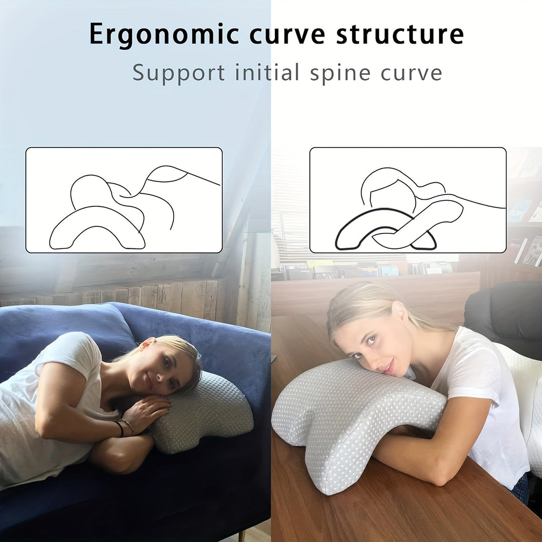 Curved memory foam pillow designed for optimal ergonomic neck and back support during travel or work.