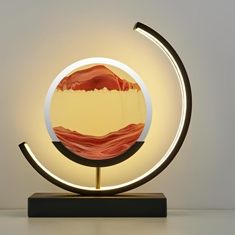 Contemporary LED hourglass lamp, elegant sand art provides calming ambient lighting & desk decor.