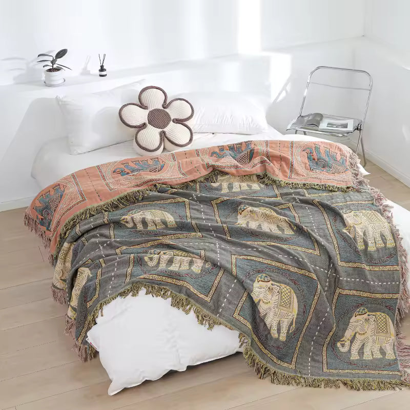 Unisex Reversible Floral Decorative Blanket with Tassels