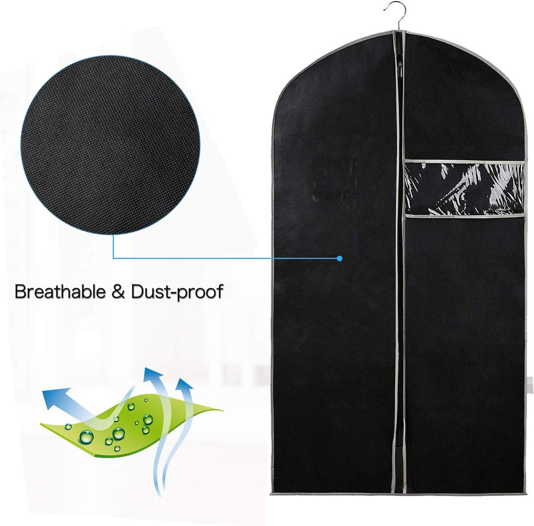 Zippered clothing storage bags with clear window, perfect for dust-free organization of garments in closets.
