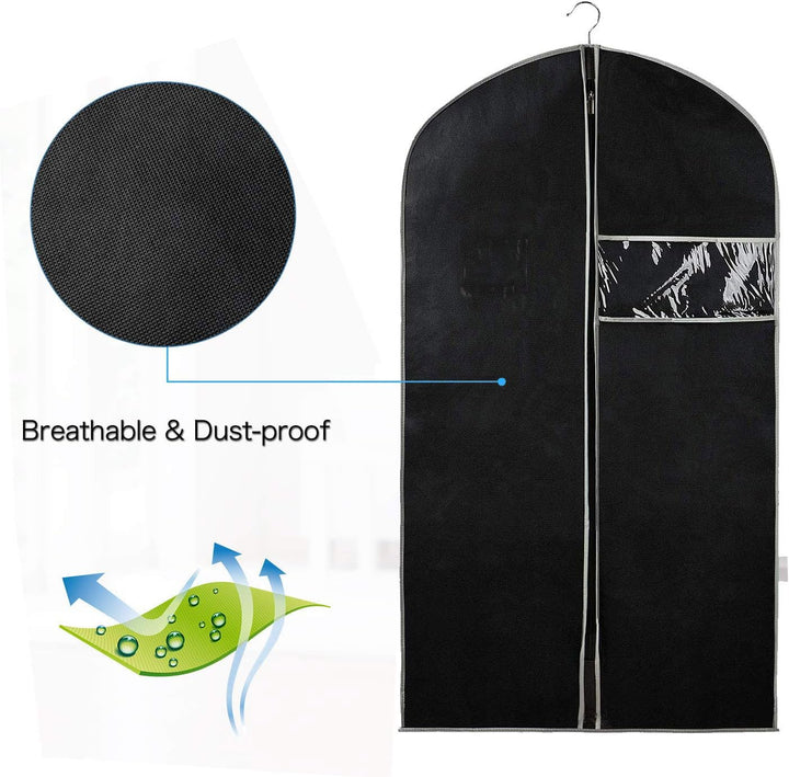 Zippered clothing storage bags with clear window, perfect for dust-free organization of garments in closets.
