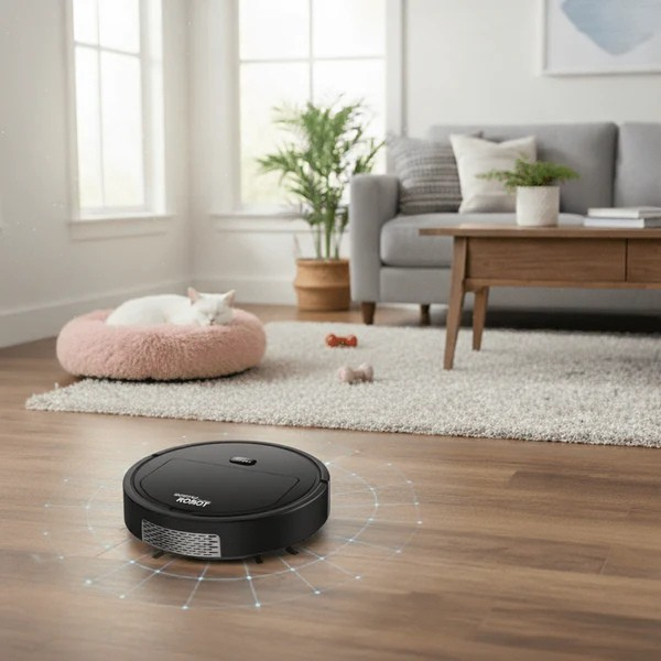 Smart home robot vacuum cleaner with HEPA filter, ideal for quiet, automated dust & pet hair removal on hard floors.
