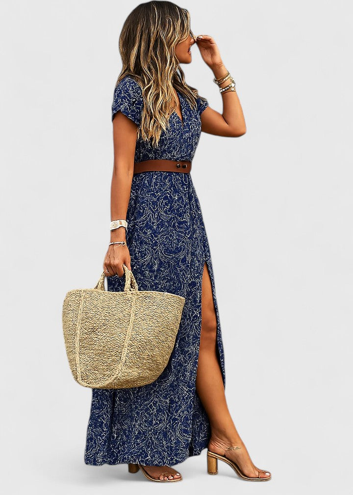 Elegant women's boho print gathered-waist maxi dress, perfect for comfortable fall and winter style.