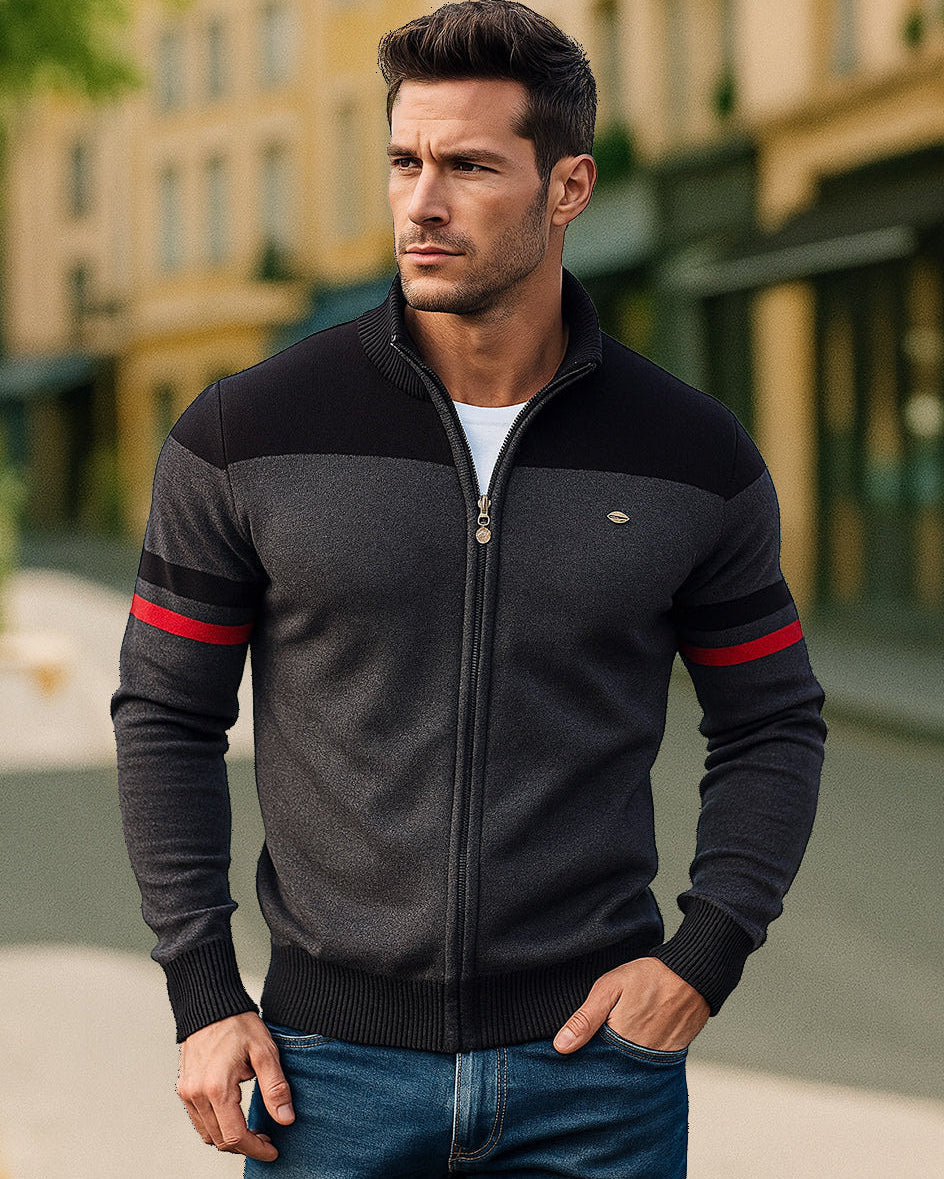 Front view of a men's modern colorblock full-zip cardigan sweater.