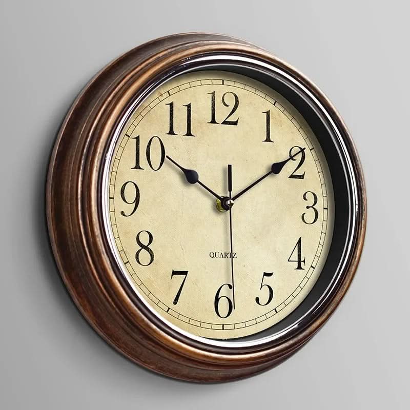 12-inch classic brown silent wall clock, perfect for living room or office decor. Timeless, decorative, and quiet.