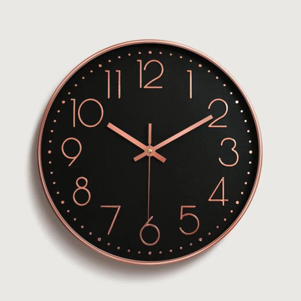 Contemporary 12-inch quartz wall clock, non-ticking design for minimalist office decor.