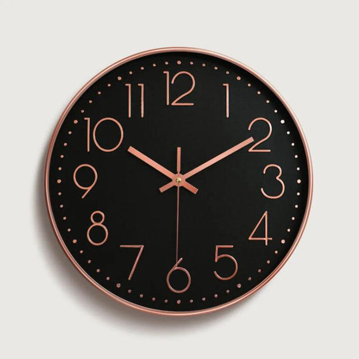 Contemporary 12-inch quartz wall clock, non-ticking design for minimalist office decor.