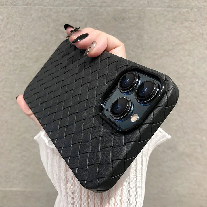 Durable woven texture smartphone cover for women, shock absorbent protection.