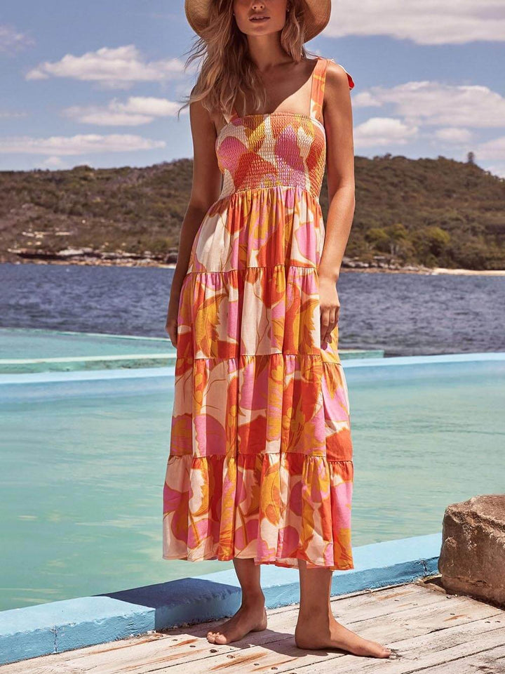 Chic multicolor women's halter midi sundress. Perfect sleeveless summer fashion dress for casual elegance and versatility.