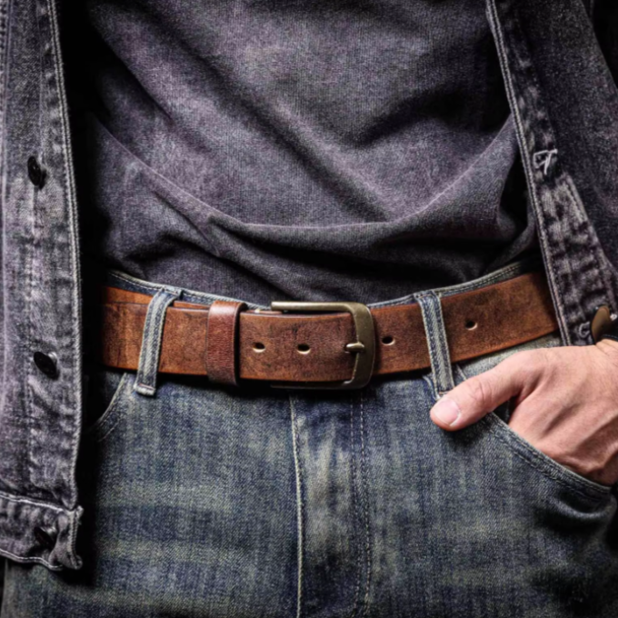 Stylish men's cowhide leather belt in brown, an essential durable fashion accessory.