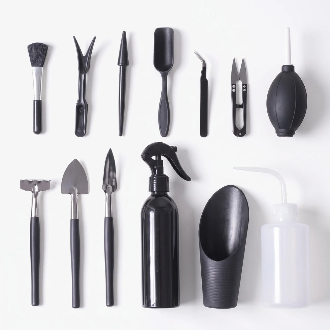 Comprehensive 13-piece set of small tools, ideal for indoor plant care, transplanting & desk gardens.