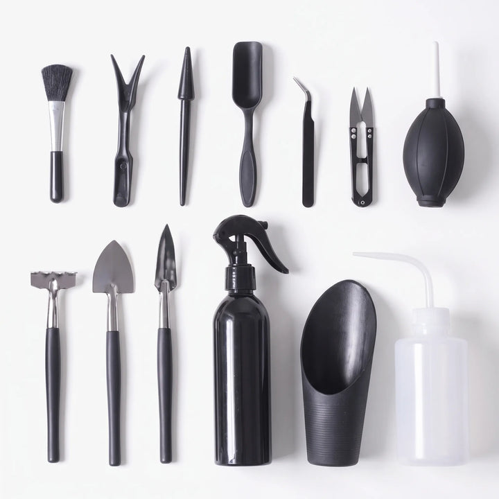 Comprehensive 13-piece set of small tools, ideal for indoor plant care, transplanting & desk gardens.