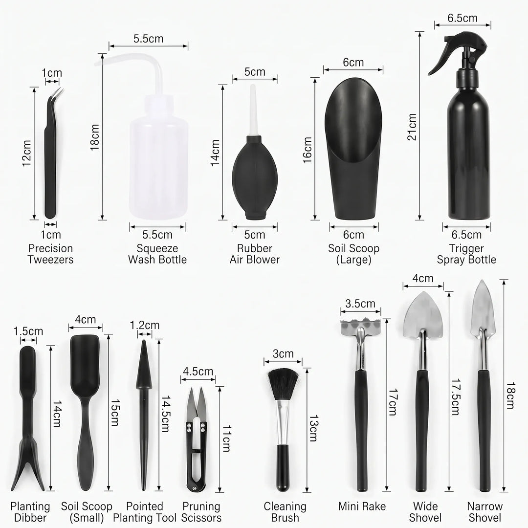 Ergonomic miniature plant care tools, perfect for succulents, cacti & delicate indoor plant maintenance.