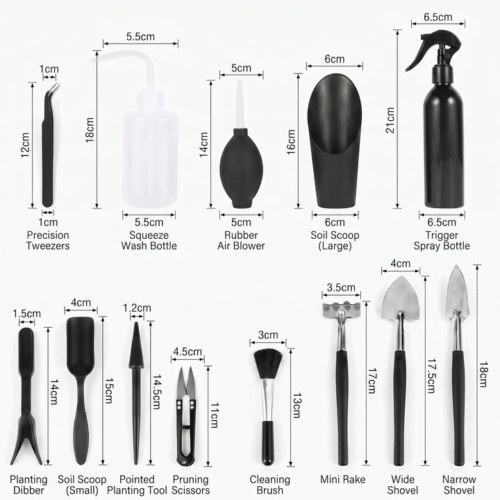 Ergonomic miniature plant care tools, perfect for succulents, cacti & delicate indoor plant maintenance.