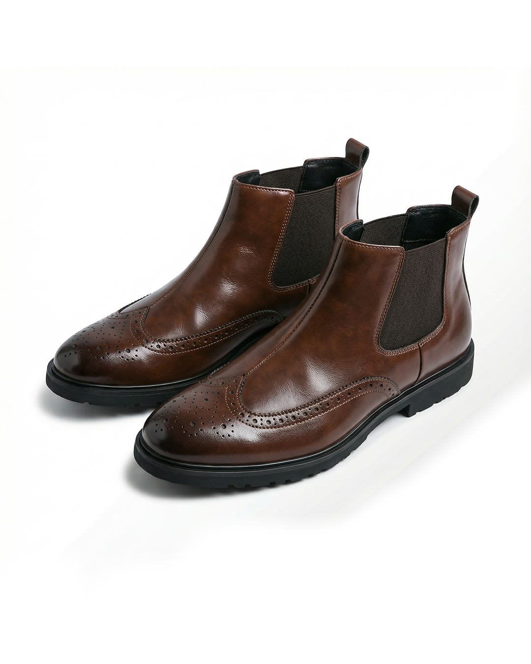 Men's sleek chelsea boots with classic brogue detailing, perfect for formal and casual wear.
