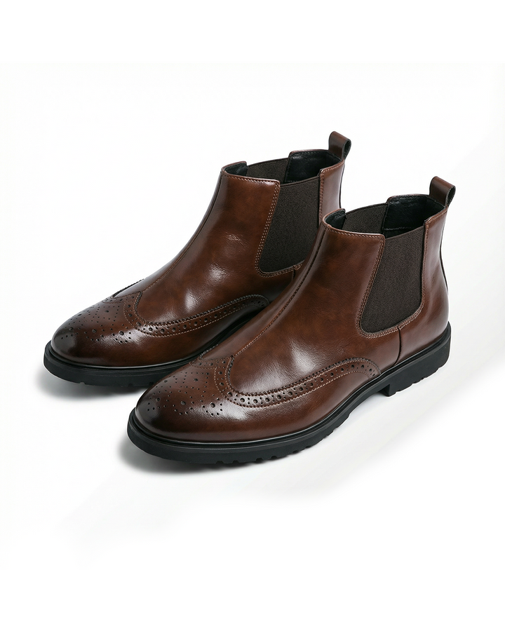 Men's sleek chelsea boots with classic brogue detailing, perfect for formal and casual wear.