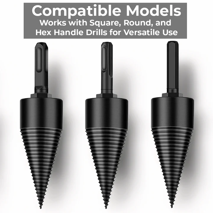 Outdoor home improvement wood splitting drill bit. Heavy-duty power tool for quick and safe firewood preparation.