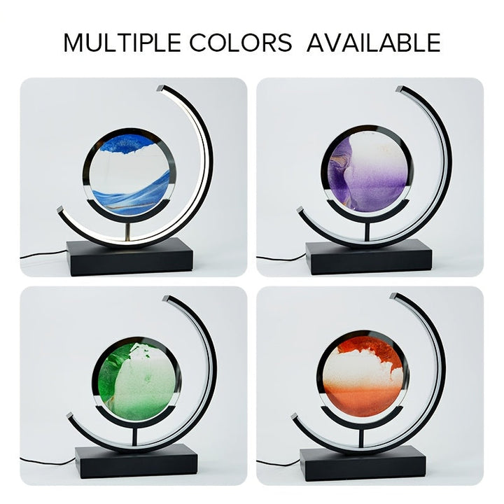 Artistic LED hourglass lamp with flowing sand art, a calming and decorative home accent.