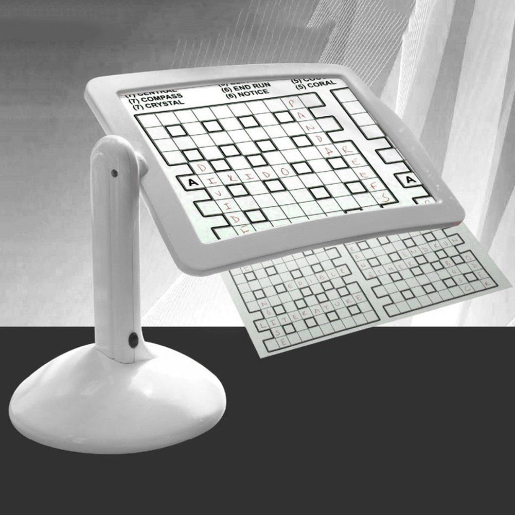 Adjustable LED page magnifier with 3x zoom, perfect for hands-free crafts & hobbies. Features rotating stand.