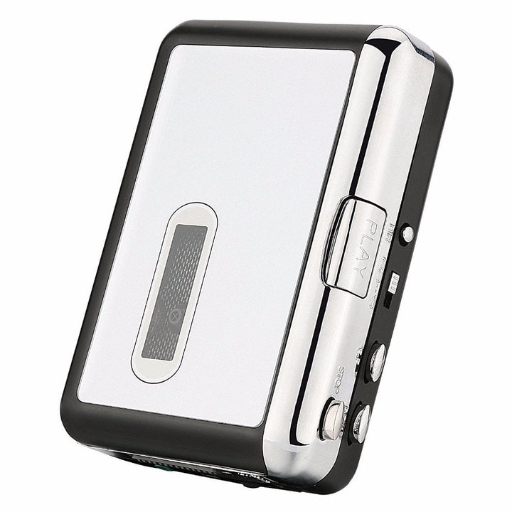 Front view of portable cassette to MP3 converter, showing tape deck and control buttons for easy audio transfer.