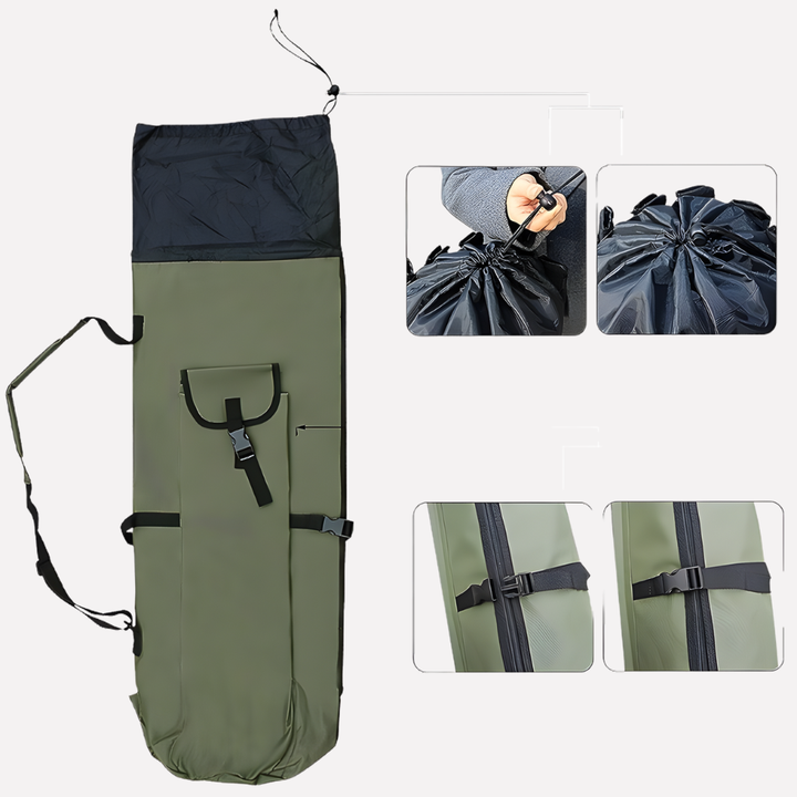 Green durable fishing rod case and gear bag, shown holding multiple rods & tackle. Essential angler organizer for travel & outdoor use.