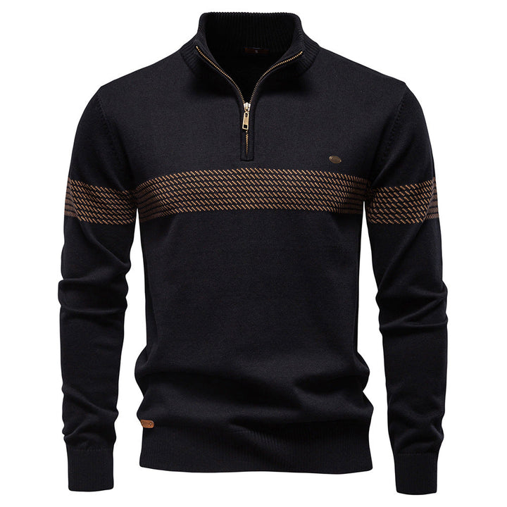 Men's black half-zip knit sweater, versatile for stylish casual or polished layering.