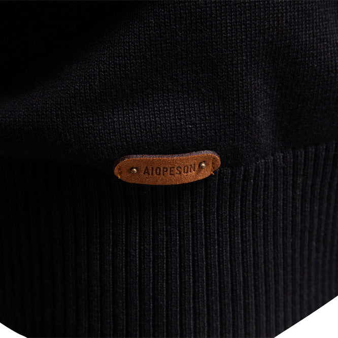 Casual yet stylish men's apricot half-zip knit pullover sweater, comfortable for everyday wear.