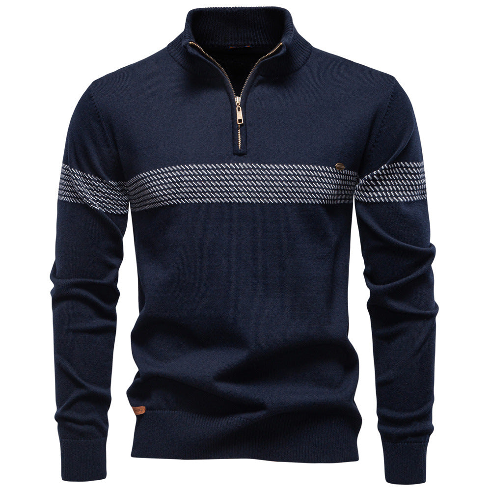 Comfortable men's navy blue half-zip pullover sweater, ideal for casual fashion.