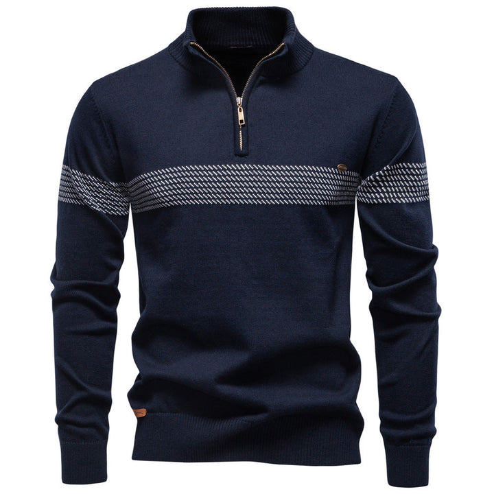 Comfortable men's navy blue half-zip pullover sweater, ideal for casual fashion.