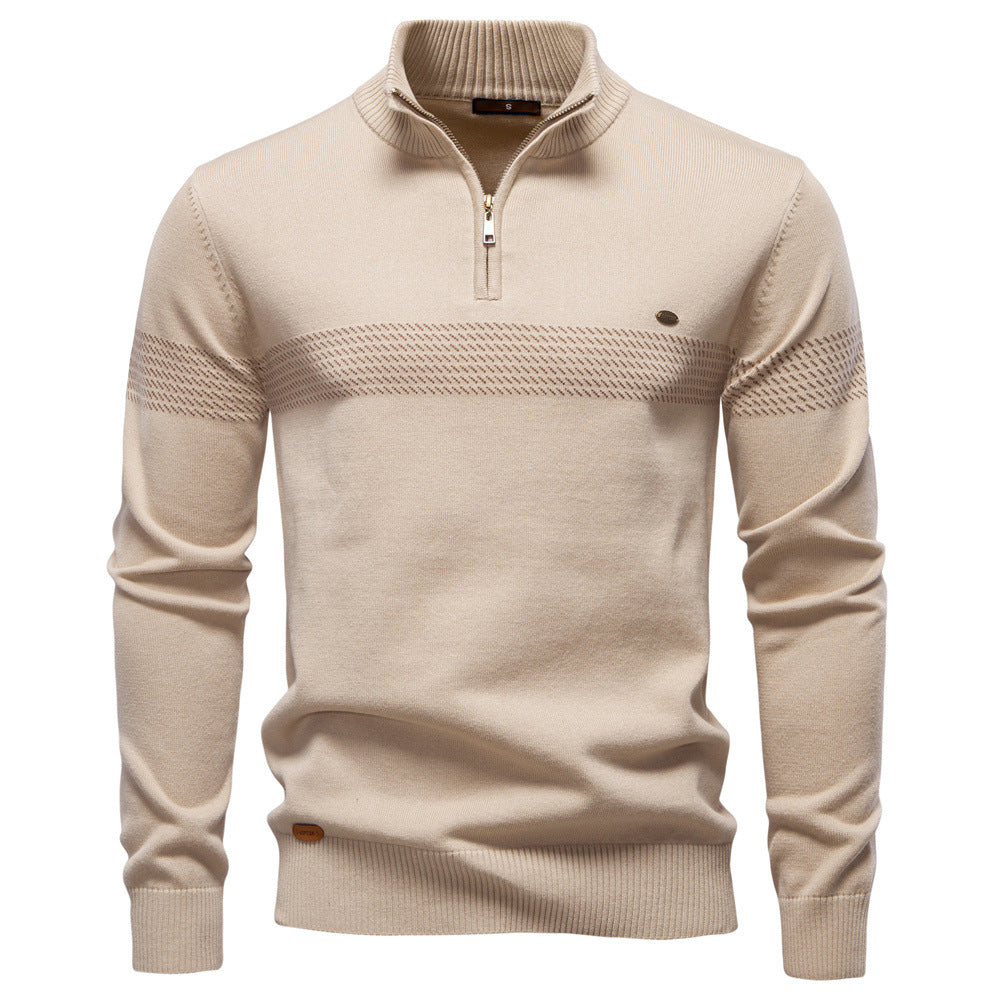 Stylish apricot men's knit half-zip sweater, perfect for versatile layering & polished look.