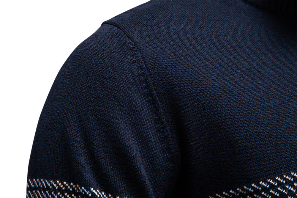Modern men's navy blue half-zip knit pullover, offering a stylish & comfortable fit for any man.