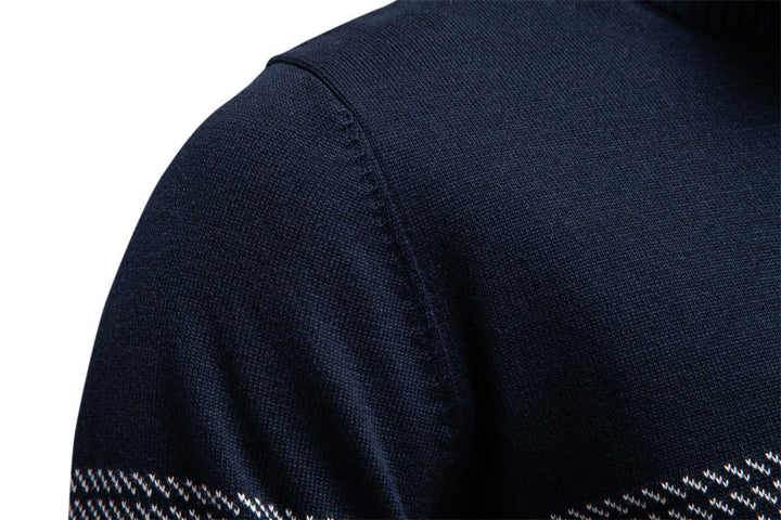 Modern men's navy blue half-zip knit pullover, offering a stylish & comfortable fit for any man.