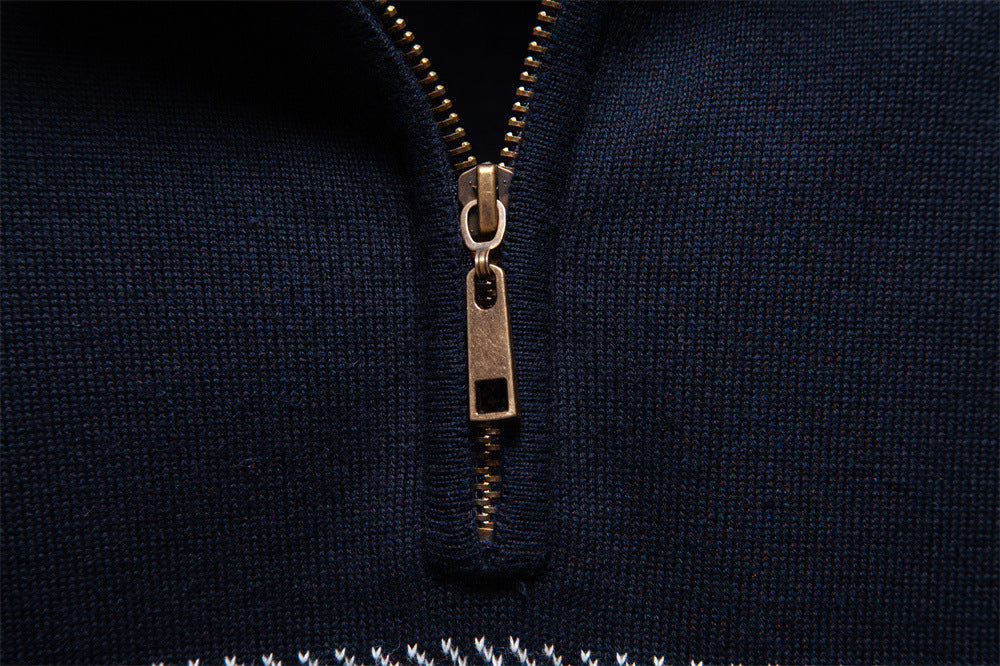 Sophisticated men's apricot half-zip knit sweater, ideal for polished & comfortable casual style.