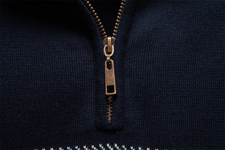Sophisticated men's apricot half-zip knit sweater, ideal for polished & comfortable casual style.