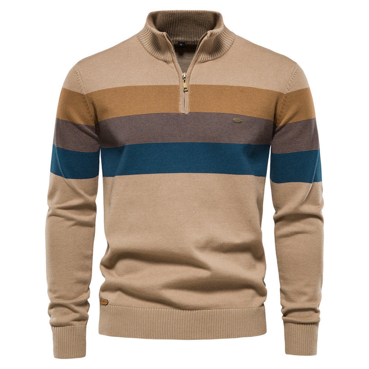 Stylish men's grey colorblock half-zip sweater with stand collar for modern fashion.