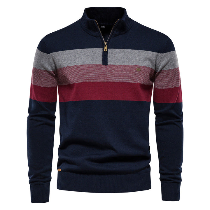 Navy blue colorblock half-zip sweater for men, a stylish pullover with a stand collar.