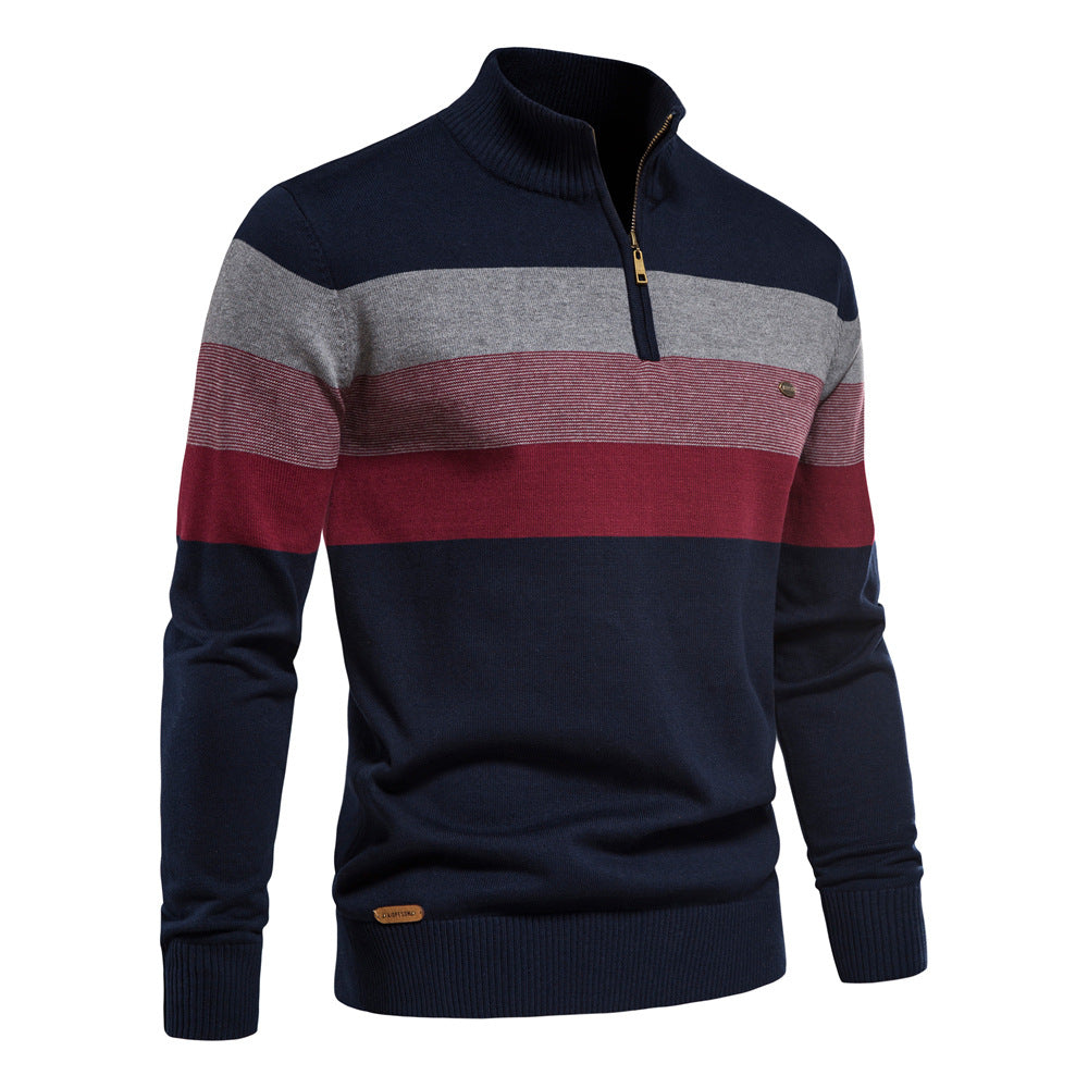 Black-blue colorblock half-zip men's sweater, a modern and versatile casual top.