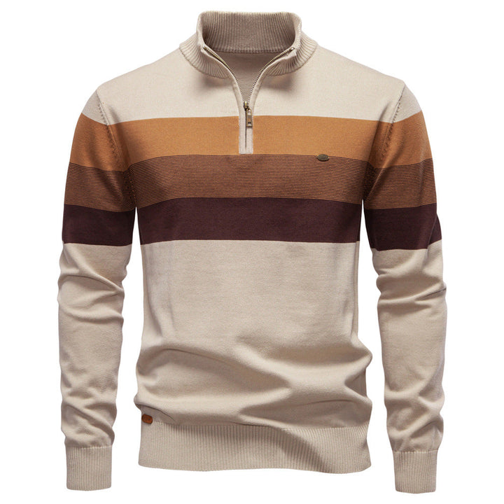 Black-blue colorblock half-zip sweater for men, modern casual fashion, stand collar.