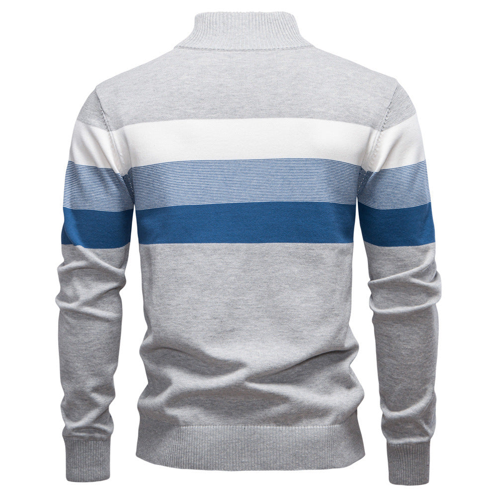 Green colorblock half-zip sweater, men's modern layering piece with a stand collar.