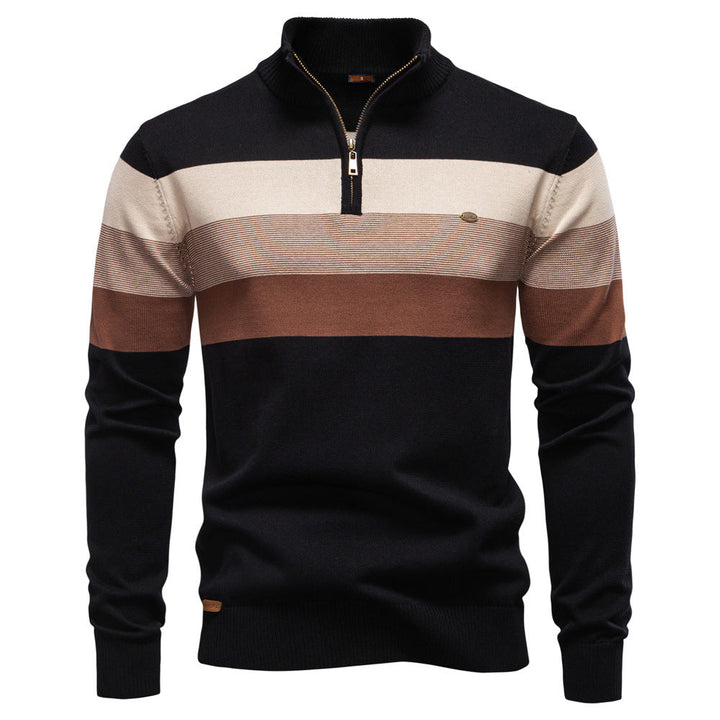 Navy blue colorblock half-zip men's sweater, a stylish pullover for modern casual wear.