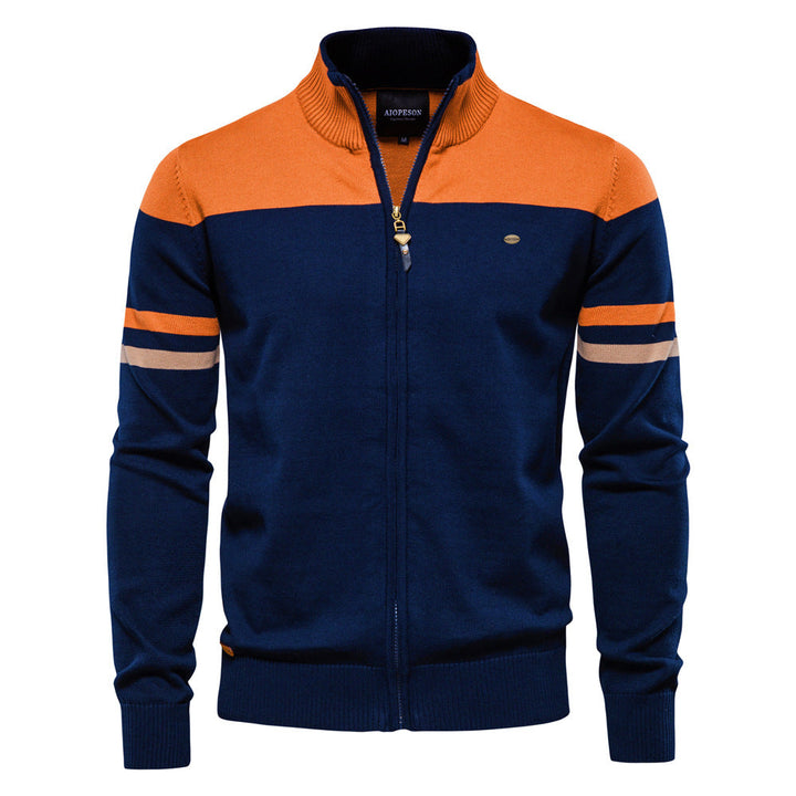 Close-up of the modern colorblock detail on a men's zip sweater.