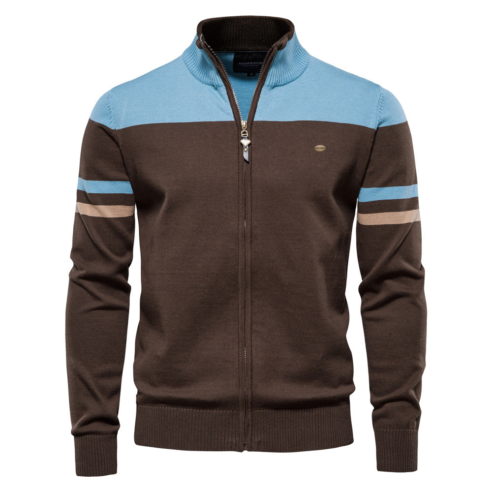 Men's modern colorblock zip cardigan, lightweight layering sweater.
