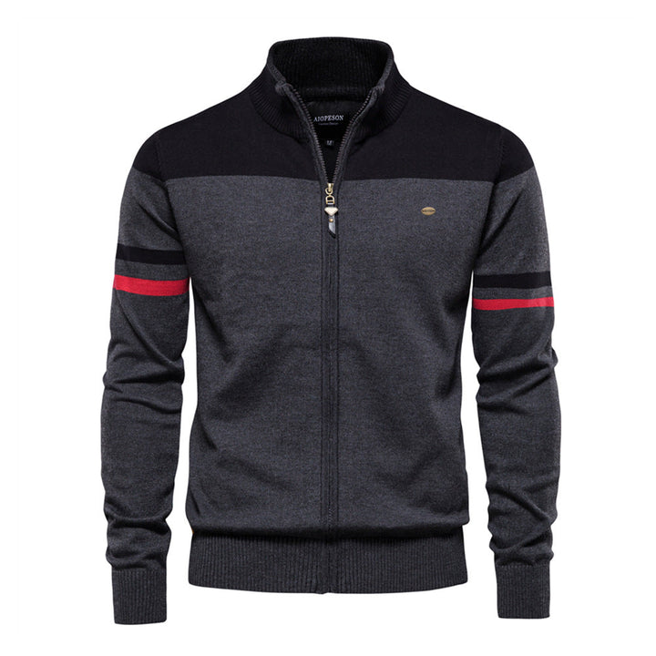 Men's full-zip cardigan, a stylish colorblock sweater for men.